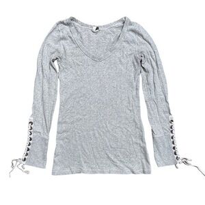 Free People • We The Free Lace Up Cuff Slub Long Sleeve V Neck Top RARE Oat M